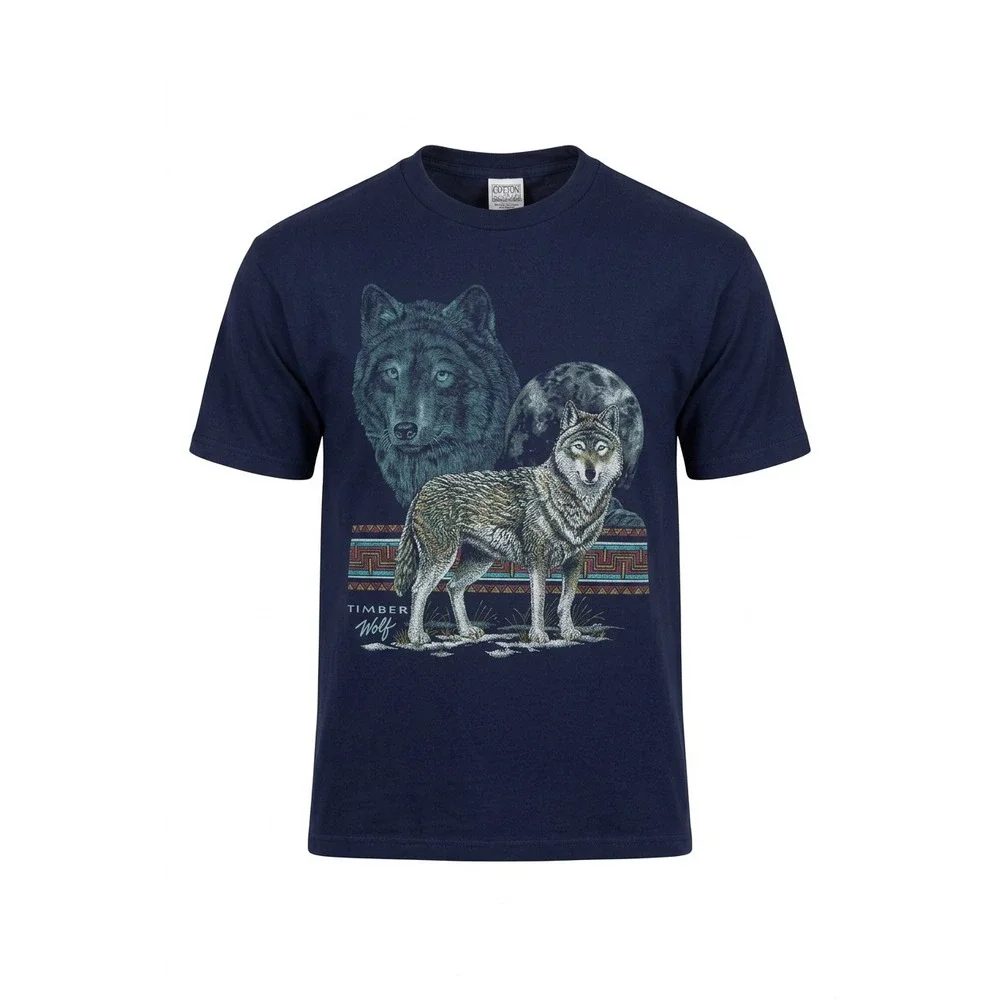 Vintage 90s Timber Wolf T‑Shirt XL Cotton Grove USA Made Wildlife Moon Flaw Seam